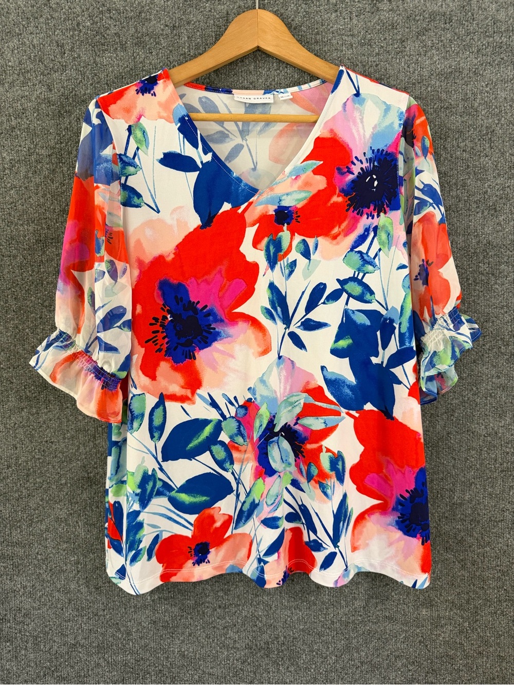 Susan Graver Womens Liqid Knit Floral Top Size Large Sheer Short Sleeve Office